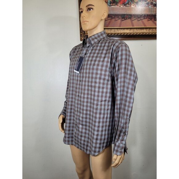 Roundtree & Yorke Mens SIZE XL Brown Checkered Button-Down Shirt Long Sleeve - Picture 7 of 10